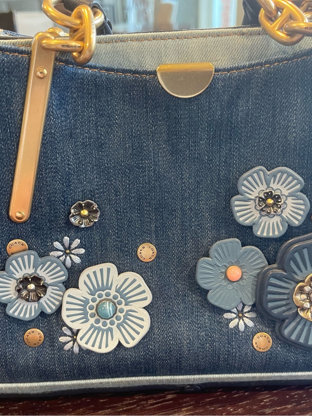 Coach Denim Tote with Blue & Light Blue Floral Appliqués & Gold accents